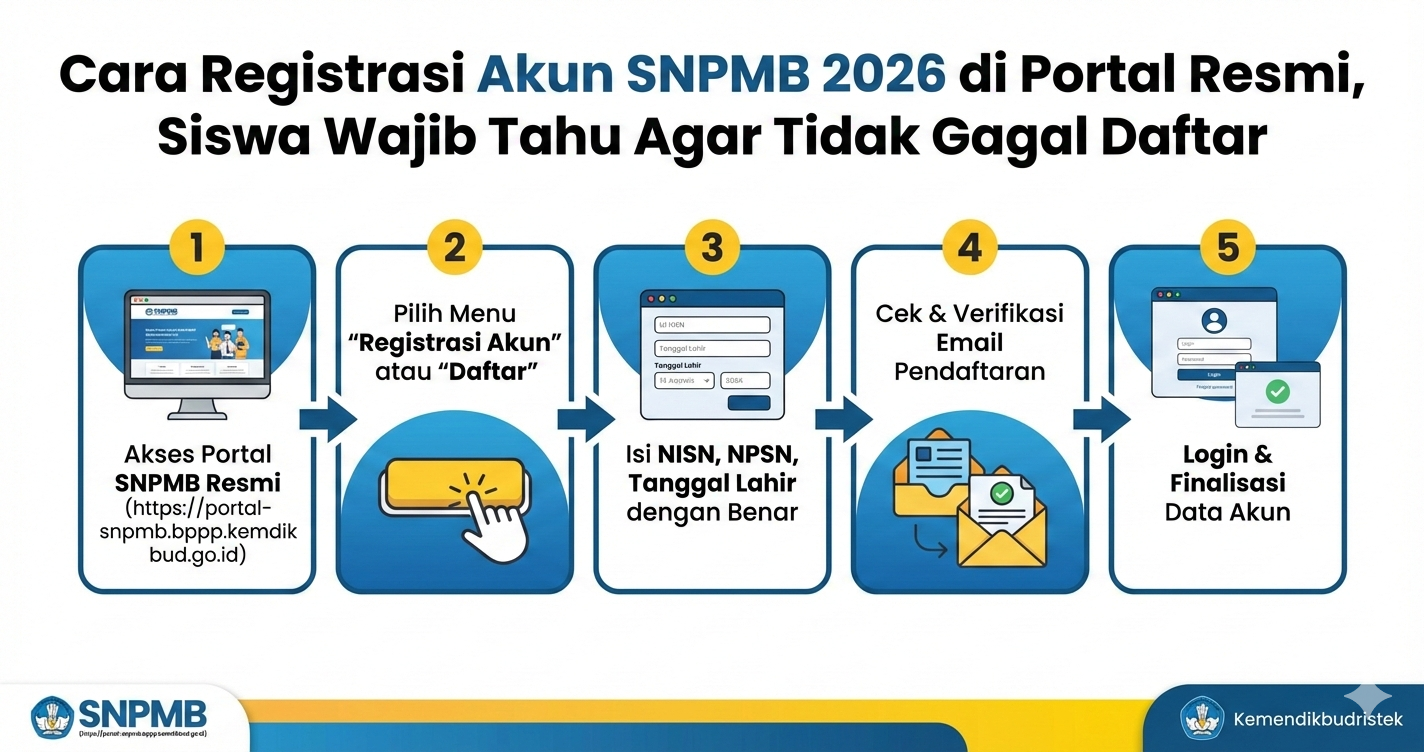 buatkan gambar dengan ukuran 1200x630 berjudul Cara Registrasi Akun SNPMB 2026 di Portal Resmi, Siswa Wajib Tahu Agar Tidak Gagal Daftar